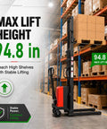 Top Rated Full Electric Pallet Stacker With Massive 3300 Lbs Capacity And 95 Inch Lift Height For Easy Forklift Jobs And Heavy Duty Warehouse Lifting Tasks Today near tall shelves in a warehouse.