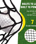 Close-up of ball caught in 7-ply anti-tear net, part of Backyard Golf Net 10x7 Ft With Practice Mat Hitting Aid Net
