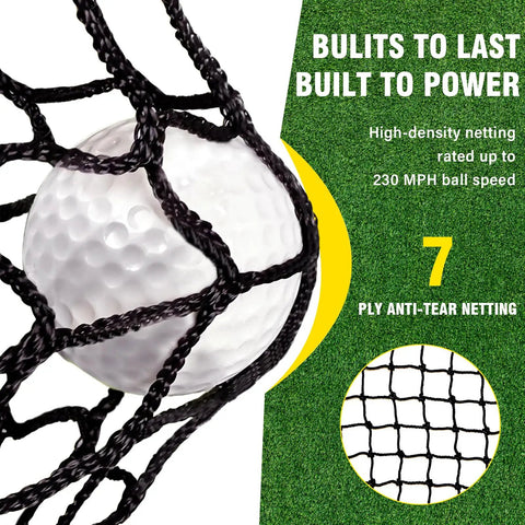 Close-up of ball caught in 7-ply anti-tear net, part of Backyard Golf Net 10x7 Ft With Practice Mat Hitting Aid Net