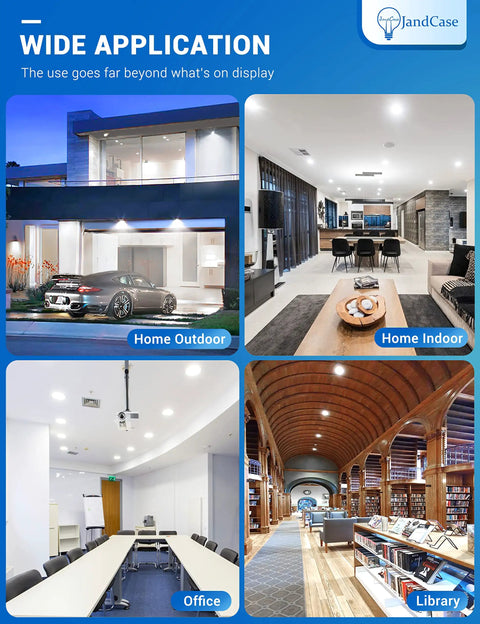 Wide application of BR30 LED Flood Light Bulbs 11W Low Power, home outdoor, indoor, office, library settings shown
