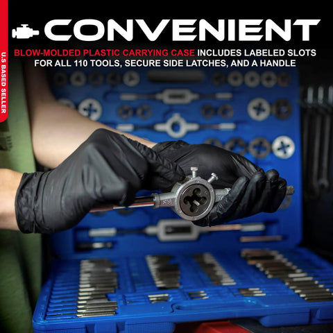 Person holding a tool from the Beast 110 Piece Metric Tap And Die Set for threading bolts and pipes, in a convenient case
