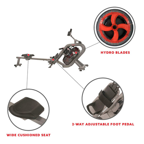 Phantom Hydro Water Rowing Machine With Realistic Water Resistance 60 Degree Tank 16 Hydro Blades For Max Resistance Performance Monitor To Track Workouts Cardio Beast Silver Finish SF RW5910 - features hydro blades and adjustable foot pedals.