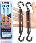 Person holding 2 Pack M8 Stainless Steel Hook And Turnbuckle Set for Wire Rope Tension Black Coated Shade Sail Hardware