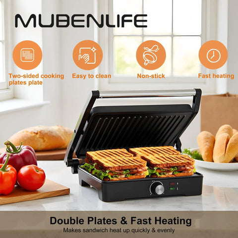 Versatile Contact Grill And Panini Press With 180 Degree Floating Hinge Plates For Steaks, Sausages, Quesadillas, cooking sandwiches.