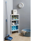 Hella Weather Resistant Plastic Corner Shelving Unit With Four Roomy Tiers Keeps Humidity Out Perfectly in a laundry room.