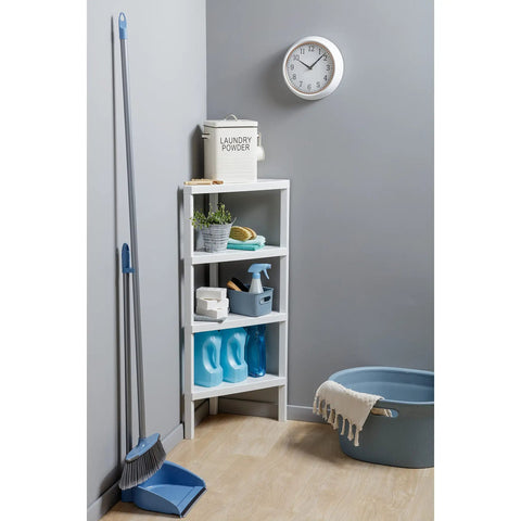 Hella Weather Resistant Plastic Corner Shelving Unit With Four Roomy Tiers Keeps Humidity Out Perfectly in a laundry room.