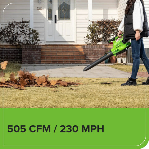 Person using 40V Cordless Brushless Leaf Blower Vacuum With Bag 230 MPH 505 CFM Turbo Boost for yard cleanup