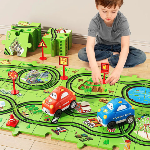 Child playing with Awesome 48 Piece Puzzle Race Track Car Set For Kids Ages 3 4 5 6 7 8 With City Themed Tracks 6 Road Signs And 2 Cars.