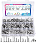Top Shelf 304 Stainless Steel Wood Screws Assortment Kit With Phillips Flat Heads And Self Tapping Design Made For Fixin Up Patios Or Garages Comes Rigged With 550 Pieces Sizes 4 Through 12 in organized storage box.