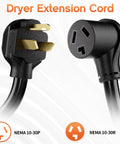 Heavy Duty 10 Foot 3 Prong Dryer Extension Cord With 30 Amp 10 Gauge Copper Wire And Nema 10 30 Connectors, matte black plug and socket view.