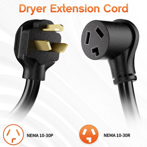 Heavy Duty 10 Foot 3 Prong Dryer Extension Cord With 30 Amp 10 Gauge Copper Wire And Nema 10 30 Connectors, matte black plug and socket view.