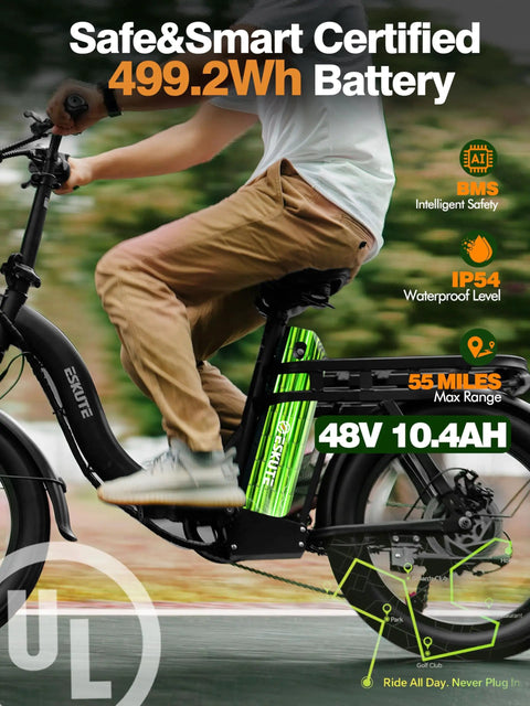 Beast 1200W Folding Fat Tire Ebike With 48V 13Ah Battery, NFC Unlock, Step-Through Cargo Frame, 20x3 Fat Tires, Up To 55 Miles, Speeds Over 20 MPH, 7-Speed Gearing, Black rider on foldable ebike with 499.2Wh battery info