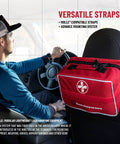 Red Surviveware 238‑pc premium survival first aid kit mounted on a car seat back.