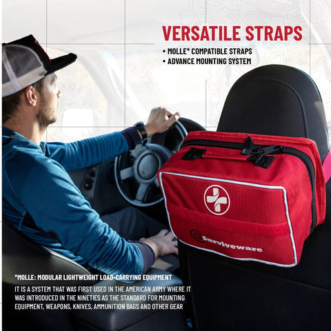 Red Surviveware 238‑pc premium survival first aid kit mounted on a car seat back.
