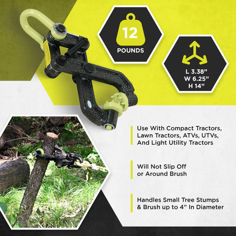 Heavy Duty Steel 360 Degree Tree Stump Remover Attachment for Tractors and ATVs, shown gripping a stump, 16 tooth grip, green.