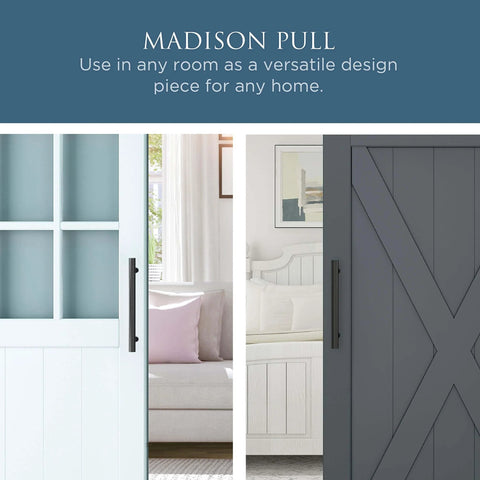 Madison Barn Door Pull Handle Matte Black 12 Inch for Wood Interior Doors installed on sliding barn doors