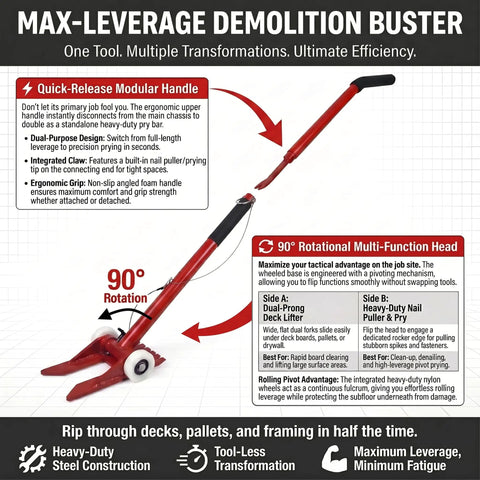Pallet Buster Deck Wrecker Tool Heavy Duty Pry Bar For Pallets Flooring Wood Dismantling Manual Demolition Crowbar With Extra Long Handle For Maximum Leverage So You Pry Deck Boards Like A Boss, red steel 90° rotating head with wheels