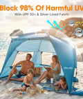Pop Up Beach Tent Sun Shelter For 3 People With 1 Minute Setup UPF 50 Plus Shade on beach with family relaxing under it