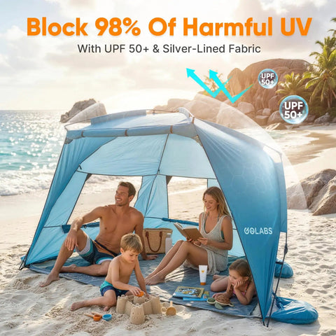 Pop Up Beach Tent Sun Shelter For 3 People With 1 Minute Setup UPF 50 Plus Shade on beach with family relaxing under it