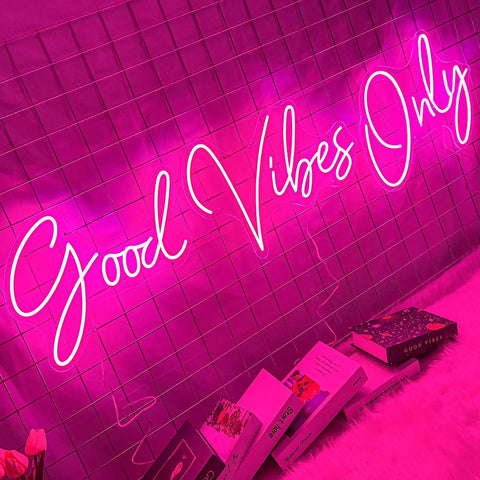 Pink Neon Sign With Dimmable LED Lights For Bedroom And Bar Decor Huge 56.57 Inch Wall Art 'Good Vibes Only' glowing on wall