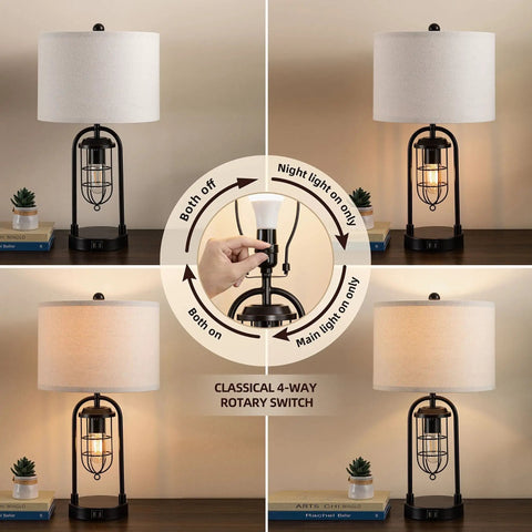Farmhouse Table Lamps With USB Ports And AC Outlet 3 Way Dimmable Touch Control Nightstand Set with dual lighting modes and rotary switch