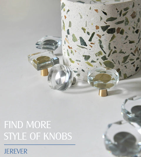 6 Pack Glass Crystal Knobs With Brushed Nickel Finish For Drawer Cabinets displayed on terrazzo surface