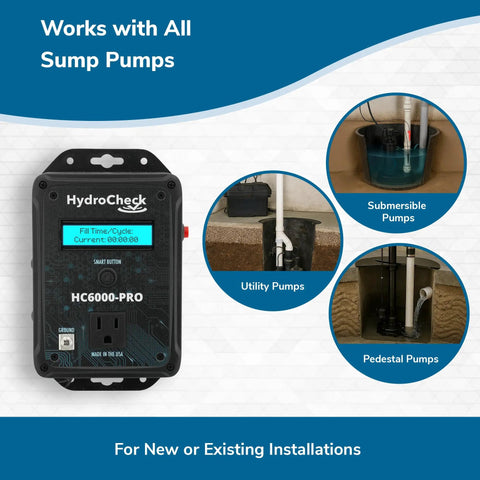 Smart Sump Pump Float Switch And Performance Monitor HC6000 PRO LCD and compatible pump types display.