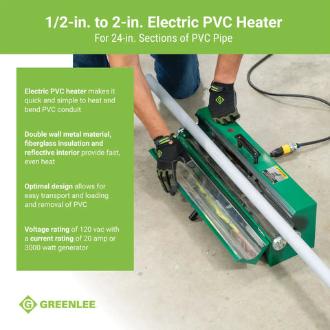 Greenlee Electric Pvc Pipe Heater For 1/2 To 2 Inch Conduit in use heating 24-inch PVC pipe with gloves.