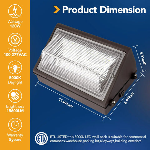 Beefed Up Bright 120W LED Wall Pack Dusk To Dawn Security Light For Outdoor Use, 15600 Lumen, 5000K Daylight, dimensions shown