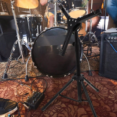 Tough As Nails Portable Drum Storage Rack locks your snare and mallets in place with a non-slip base on a rehearsal stage.