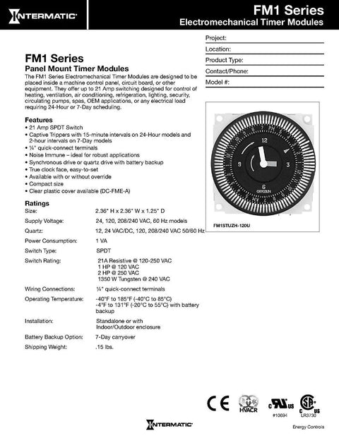 Data sheet for 24-Hour 21A 240V Electromechanical Timer Module With SPDT Output For Industrial Electrical Systems White Finish