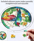 Colorful Hummingbird Puzzle Suncatcher Kit 83 Piece DIY Acrylic Sun Catcher for Doors Garden and Windows being assembled
