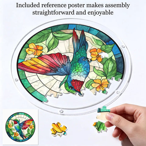 Colorful Hummingbird Puzzle Suncatcher Kit 83 Piece DIY Acrylic Sun Catcher for Doors Garden and Windows being assembled