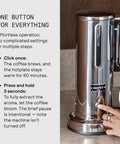 Person operating the Aarke coffee maker with stainless steel build, featuring a single-button control for brewing and warming.