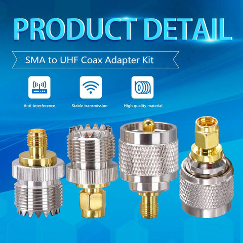 SMA To UHF Antenna Adapter Kit 4 Type Set PL259 To SMA Coax Connectors displayed against a blue background