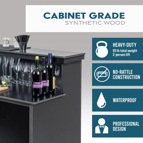 Party-Ready Portable Event Bar Table - Foldable Pro-Grade Wood, showing durability features and construction details.