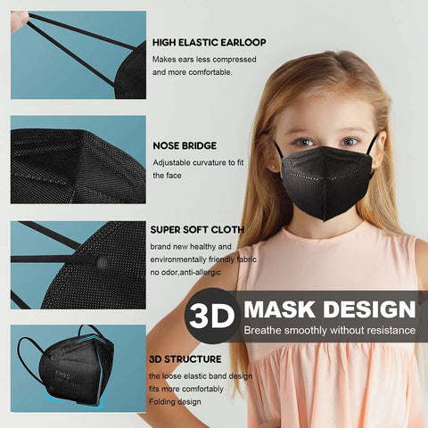 Kids KN95 Masks 25 Pack Black Five Layer With Adjustable Ear Loops Disposable KN95 Face Masks For Children Cup Shaped 3D Fit