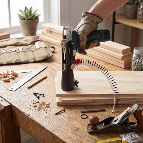 Heavy Duty Electric Drill Adapter For Automatic Chain Nailing Adjustable Screw Depth Woodworking Setup in use on a workbench.