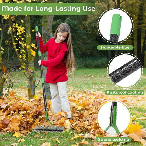 Girl using 65 Inch Thatch Rake With 21 Teeth, Dual Sided 13 Inch Wide Head For Thatch Removal, Moss And Dead Grass, Plus Soil Leveling.