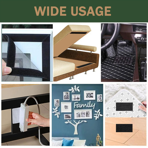 Various uses of Heavy Duty Adhesive Hook And Loop Tape Two Inch Wide Strip White for home decor, organization, and remote control holding.