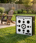 Iron Man 30 Inch Archery Target For Personal Range, 475 FPS Rated, military-grade design with a crossbow in a backyard setting.