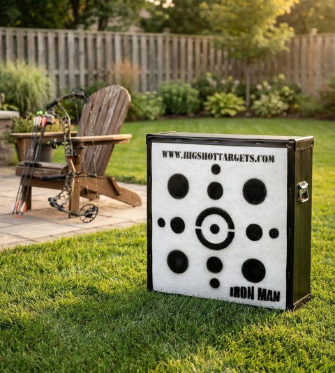 Iron Man 30 Inch Archery Target For Personal Range, 475 FPS Rated, military-grade design with a crossbow in a backyard setting.