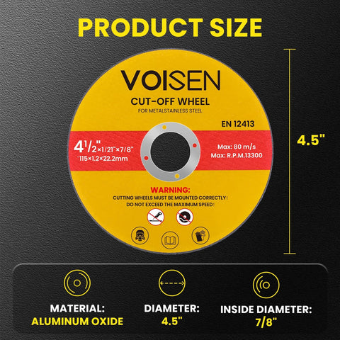 Front view of VOISEN cut-off wheel, 4.5-inch diameter, aluminum oxide, 7/8" bore, 70-piece set for metal.