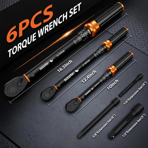 Six Piece Torque Wrench Set With One Half Inch Drive, Three Eighths Inch Drive, And One Quarter Inch Drive, click type wrenches displayed