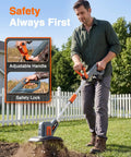 Man using Powerful Cordless Tiller Cultivator For Gardening With 360 RPM Electric Motor 48 Steel Tines 9 Inch Tilling Width