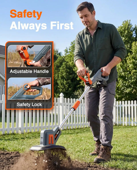 Man using Powerful Cordless Tiller Cultivator For Gardening With 360 RPM Electric Motor 48 Steel Tines 9 Inch Tilling Width