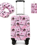 Esteemly Kid's 16in pink Paris-pattern hardside luggage set with spinner wheels, neck pillow, luggage tag front view