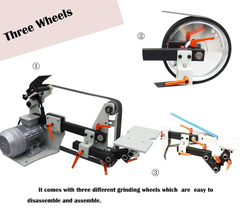 Badass 72X2 Inch Belt Sander and Polisher Featuring Slick Variable Speed Dial for Swift Knife Sharpening Rust Removal Heavy Duty Industrial Grinder 220V with three grinding wheels shown.
