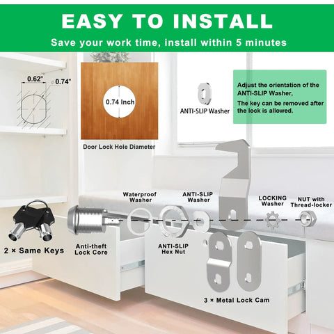 1 Pack Tubular Cam Lock With Keys Five Eighths Inch Keyed Alike Hook Cam Toolbox Locks installation guide with components