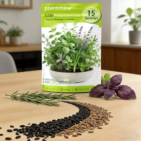 15 Pack Herb Seeds Set With 4500 Plus Non GMO Heirloom Seeds for Indoor and Outdoor Gardening in a kitchen setting